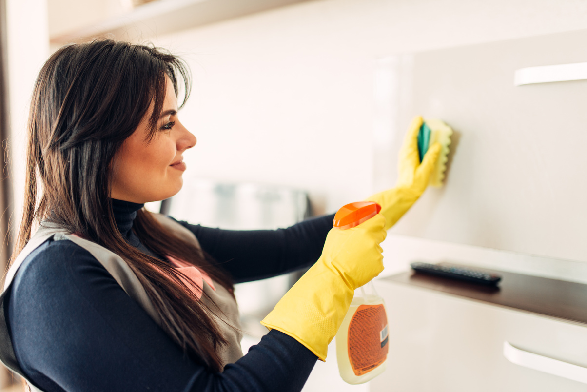 Housemaid Cleans Furniture with a Cleaning Spray